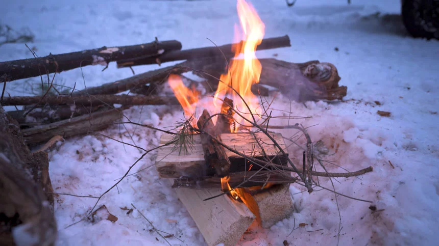 Campfire in winter camping
